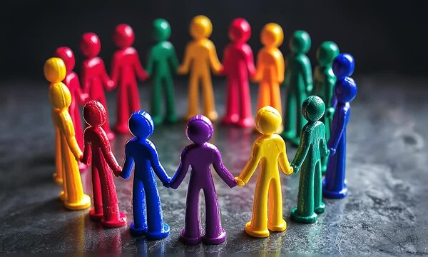 Colorful figures hold hands forming a circle, symbolizing teamwork and cooperation on textured background