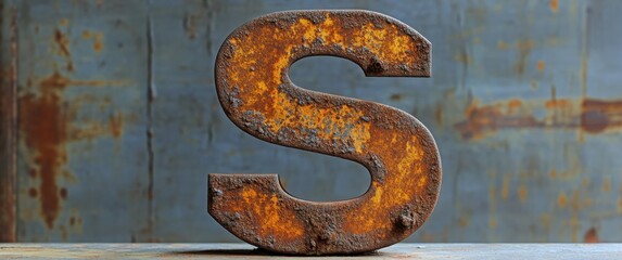 Rusty metal letter 'S' with textured surface against a weathered background.