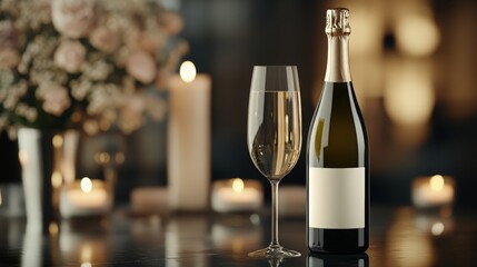 Romantic ambiance with a bottle of sparkling wine and a glass, surrounded by soft candlelight and blurred floral background.