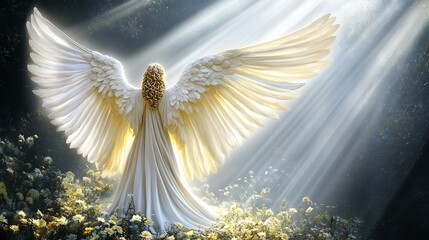 Angelic woman with large wings in sunbeams.