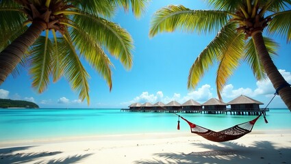 Fototapeta premium A Tranquil Hammock Sways Gently Beneath Swaying Palm Trees On A Pristine Beach, Overlooking Turquoise Waters And Charming Overwater Bungalows, Bathed In Brilliant Sunshine