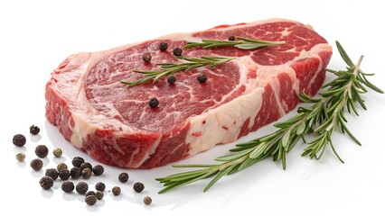 Fototapeta premium Raw Beef Steak with Marbling, Fresh Rosemary, and Black Peppercorns, Isolated on a White Background Perfect for butcher shop marketing, restaurant menus, and premium meat branding.
