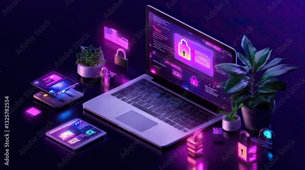 Poster futuristic desktop setup with security icons and neon elements