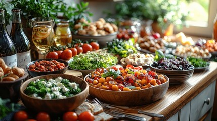 Fototapeta premium Abundant buffet table with various salads, roasted vegetables, bread, and drinks.
