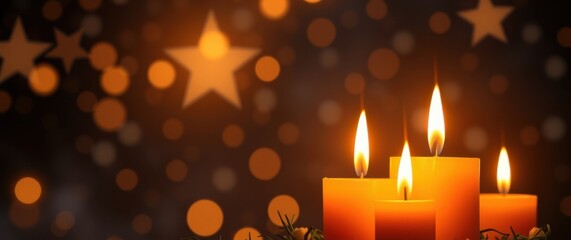 Glowing candles illuminate a festive scene with bokeh lights and star shapes in the background.