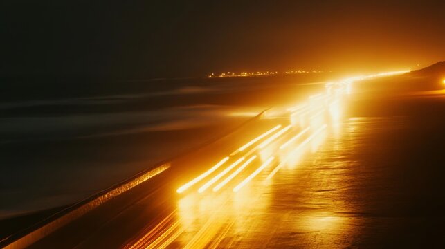 long-exposure art capturing the blur of headlights along a coastal road at night - Powered by Adobe