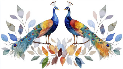 Obraz premium Colorful peacocks with vibrant feathers surrounded by leaves create stunning visual. This artwork captures beauty and elegance of nature
