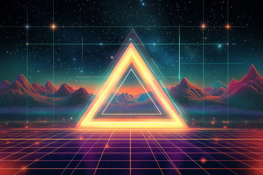 Abstract landscape with glowing yellow neon triangle and shiny grid. 