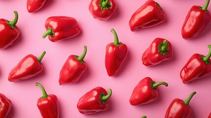 Red bell peppers creatively displayed against a pink background.