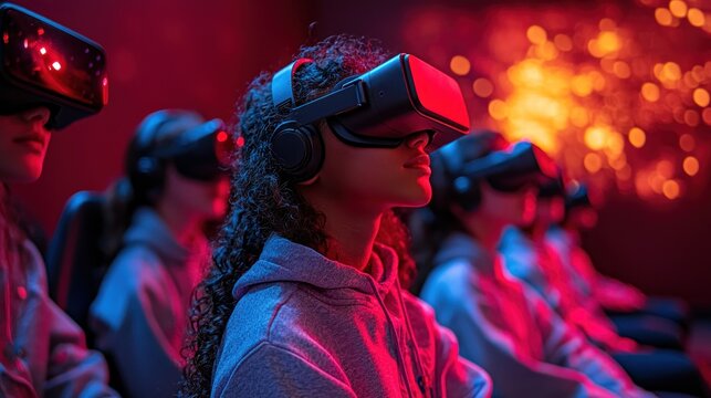 Immersive VR experience Diverse group of young people wearing VR headsets.
