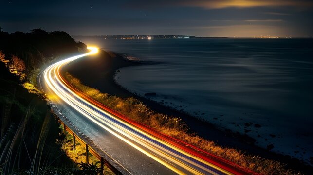long-exposure art capturing the blur of headlights along a coastal road at night - Powered by Adobe