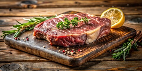 Fototapeta premium High-quality image of a thick, juicy marbled ribeye steak on a wooden cutting board with a rustic background, garnished with fresh herbs and a lemon wedge , rustic background, cut meat
