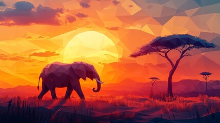 Fototapeta premium African Elephant Silhouette at Sunset in Low Poly Style