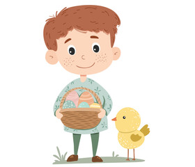 A cute little boy happily holding a basket filled with colorful Easter eggs.