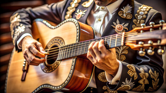 Mariachi musician passionately playing a classical guitar in intricate charro suit with silver embroidery, warm lighting