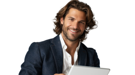 Smiling businessman using digital tablet on transparent background