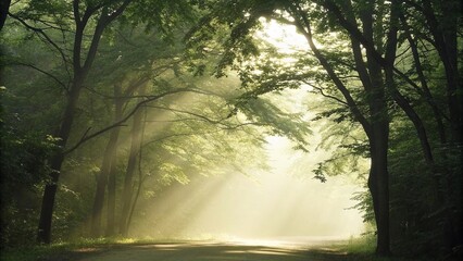 Obraz premium Pathway in the middle of the green leafed trees with the sun shining through the branches