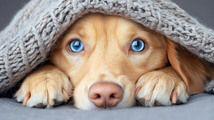 Cozy Golden Retriever Peeking Out from Under a Knitted Blanket