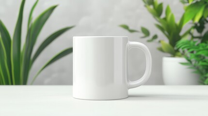 Blank white mug on a table, surrounded by greenery. Perfect for your design mockup!