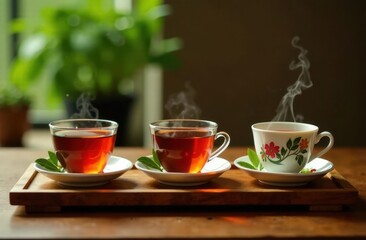 Varieties of tea served with steam in a cozy setting during afternoon tea time