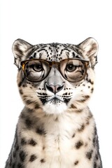 Fototapeta premium Snow leopard wearing glasses portrait animal fun creative concept photography imagination humor playful wildlife exotic nature.