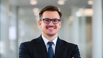 Fototapeta premium Sophisticated Portrait of a Professional: A composed, intelligent-looking businessman with glasses radiates confidence in a professional setting. His attire, an elegant suit, exudes sophistication.