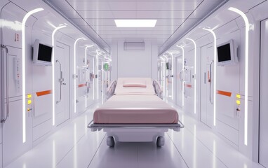 Digital wireframe rendering of a futuristic healthcare facility, blending transparent layers with technical engineering elements