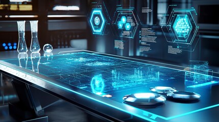 Tech Lab Innovation: A futuristic, high-tech lab environment with glowing displays and sleek, modern equipment, showcasing cutting-edge technology and scientific advancement.