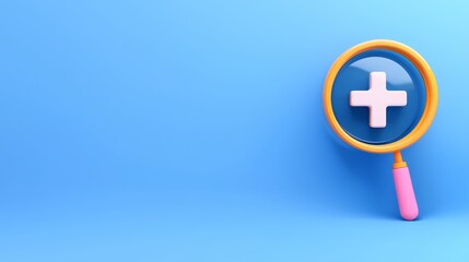 Obraz premium A magnifying glass with a plus symbol against a blue background, symbolizing search, focus, and attention to detail.