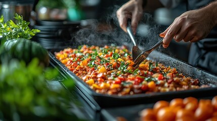 Obraz premium Chef preparing a steaming vegetable dish.