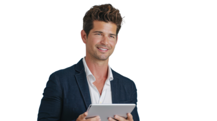 Smiling businessman holding digital tablet with transparent background