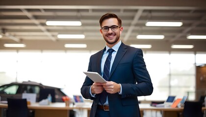 Business Professional with Tablet: A confident and smiling businessman in a stylish suit stands, holding a tablet in a modern office environment, exuding professionalism.