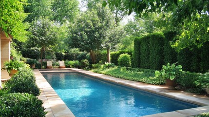 Serene and Lush Backyard Pool Surrounded by Greenery in Summer