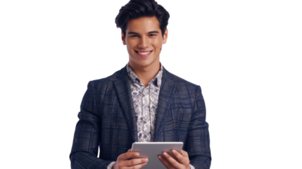 Smiling businessman holding digital tablet on transparent background