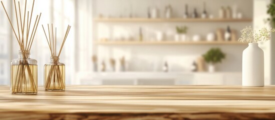 Minimalist kitchen with reed diffusers and soft lighting.