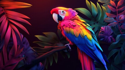 Obraz premium Vibrant Macaw Perched on Branch Among Colorful Tropical Leaves