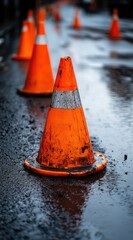 Wet road lined with bright orange traffic cones after rain.