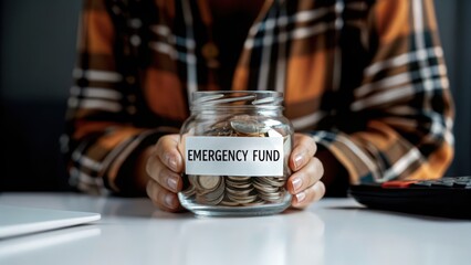 Saving money in a jar labeled emergency fund.