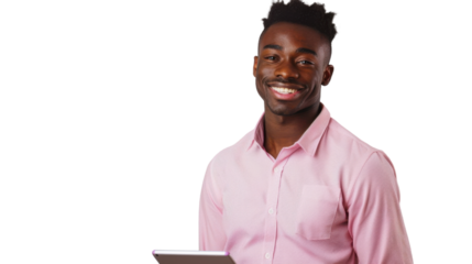 Smiling businessman holding tablet on transparent background