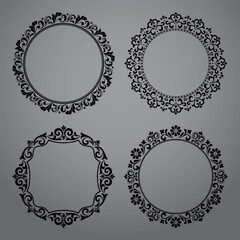 Set of decorative frames Elegant vector element for design in Eastern style, place for text. Floral black and gray borders. Lace illustration for invitations and greeting cards