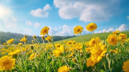 Fototapeta premium Vibrant Yellow Flowers Under Bright Blue Sky with Fluffy Clouds
