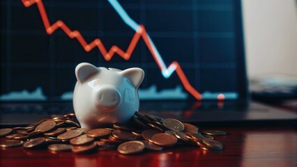 Piggy bank surrounded by coins with a declining financial graph in the background.