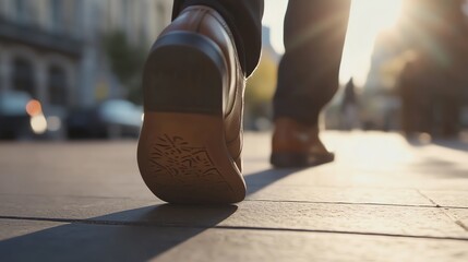 Obraz premium Man Walking in City Street with Brown Leather Shoes on Sunny Day