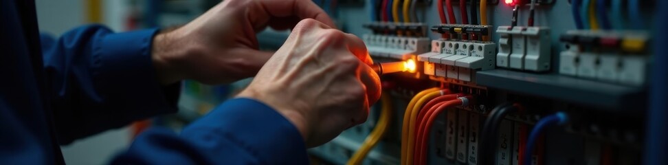 Electrician's hands connect cable in switchboard, hands, terminal block, equipment
