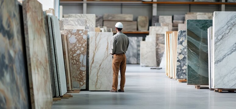 Male worker examining marble slabs in a warehouse.