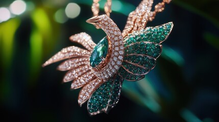 Naklejka premium Luxury bird pendant, emerald & diamond, nature background