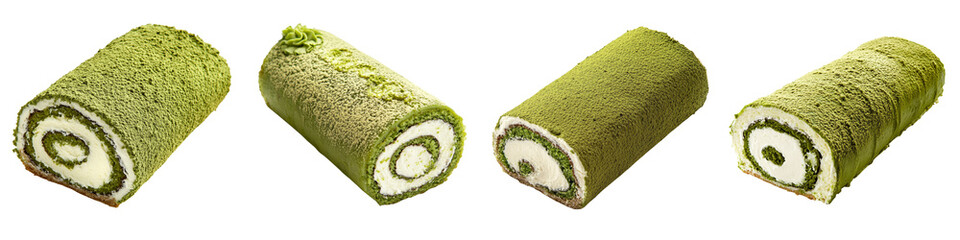 Delicious green matcha rolls displayed in a neat arrangement against a transparent background.