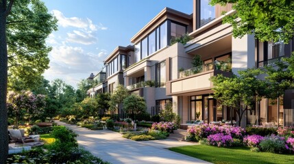 Fototapeta premium Modern Residential Building Surrounded by Lush Greenery and Flowers