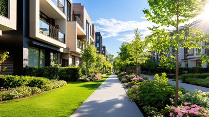 Fototapeta premium Scenic Urban Pathway Surrounded by Modern Homes and Lush Greenery