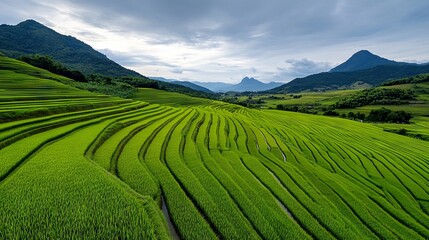 Obraz premium A field of green grass with mountains in the background